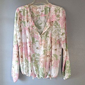 Charming Charlie - Cream, Pink, Green, Long Sleeve Top, Size Small